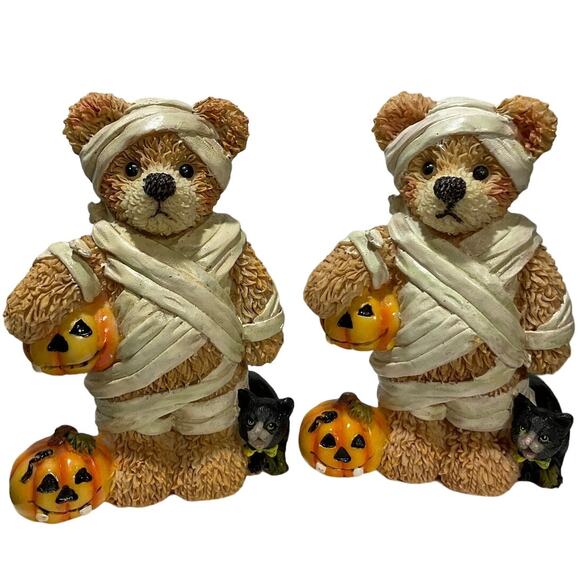 Unbranded Other - Pair of Mummy Bears with Jack-o-Lanterns & Black Cat, 5x3.5" - Like New